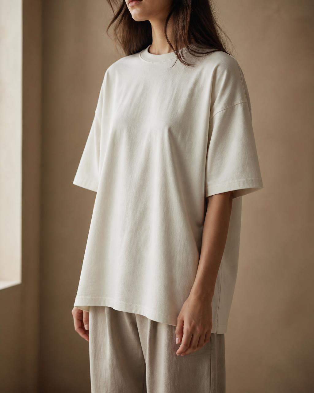 Model wearing a bone heavyweight tee — “begin badly, begin anyway”