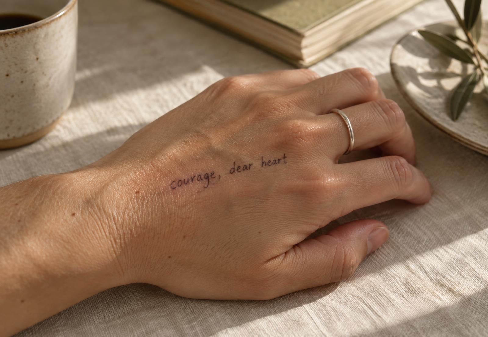 Courage, dear heart handwritten in biro on the back of a hand