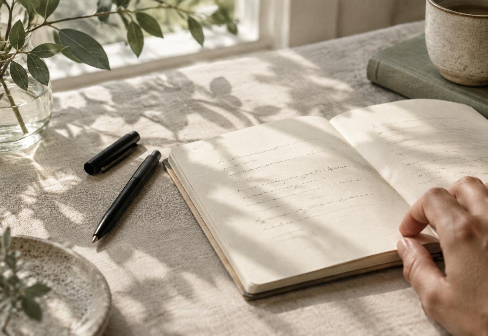 An open notebook and black pen in soft morning light